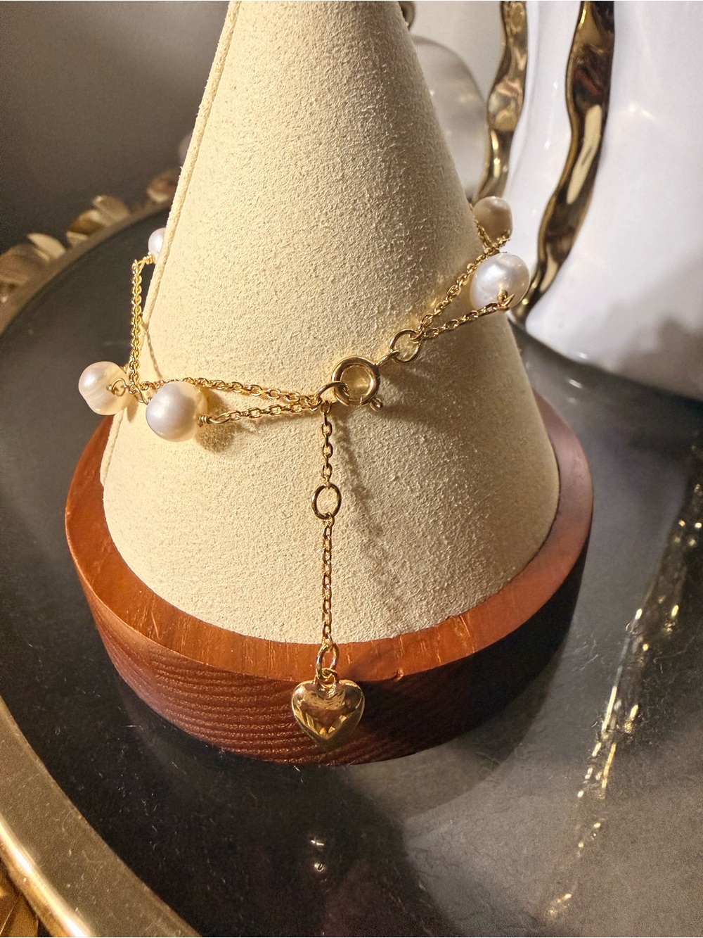 Tory Burch Gold Double Chain Bracelet with White Pearls and Pave Logo Charm - Picture 3 of 6